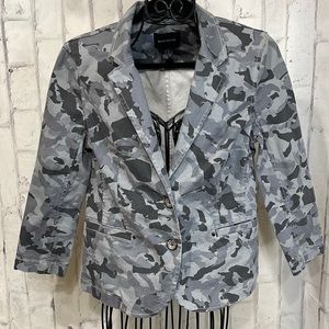 DKNY Jeans Denim Blazer Jacket Grey Camo Button Front Tailored with Pockets